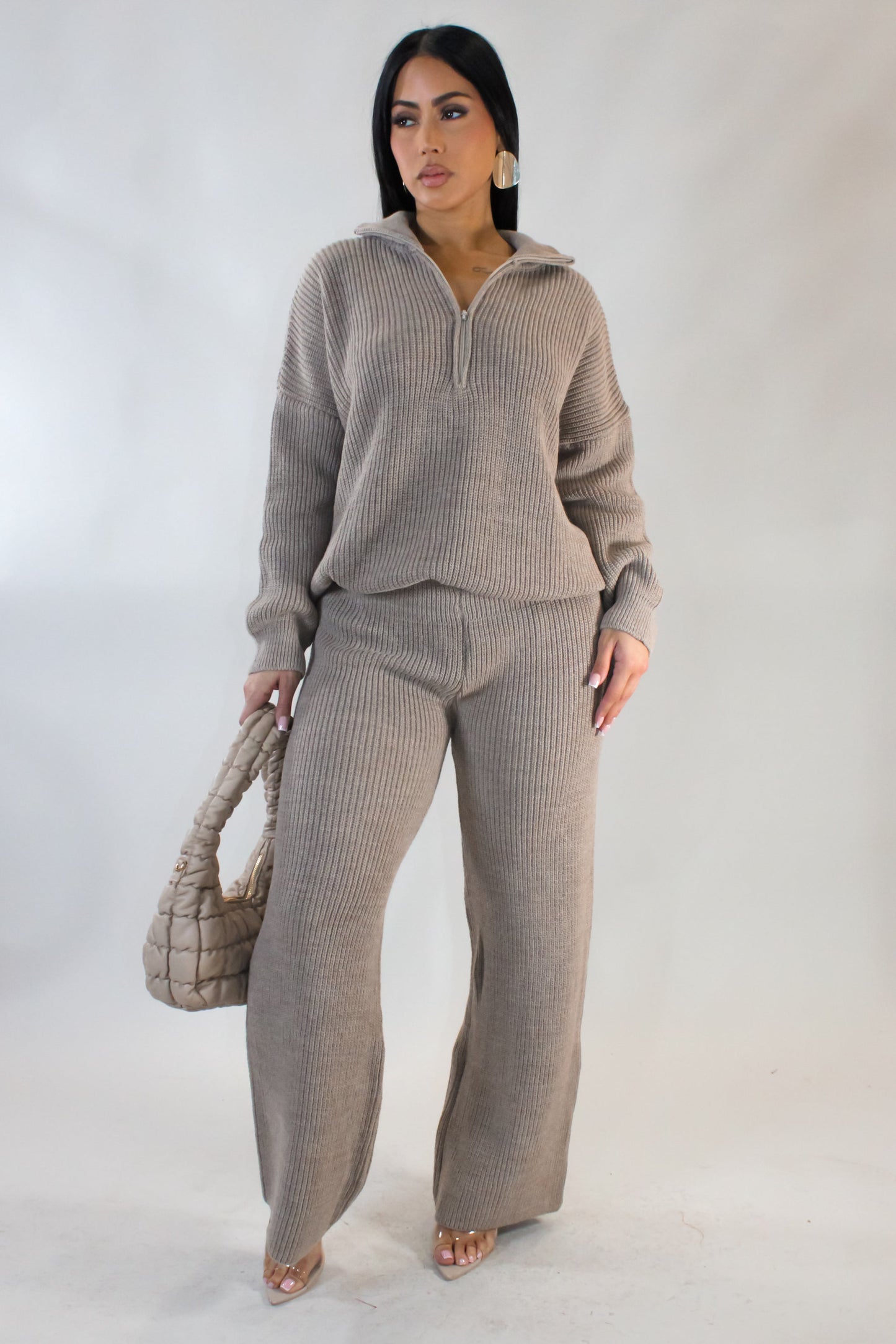 Cozy Up Knit Pants & Jacket Set- Taupe