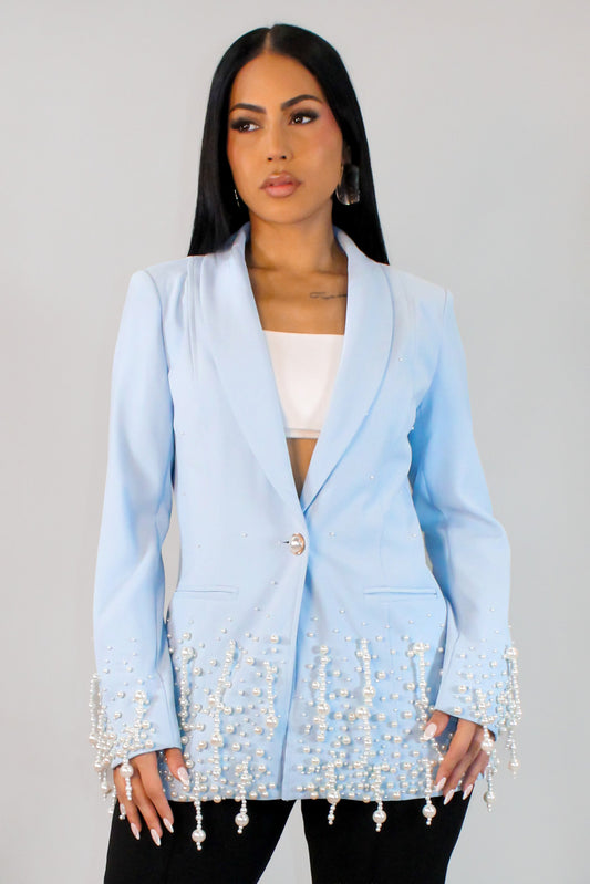 Pearl Embellished Blazer- Blue