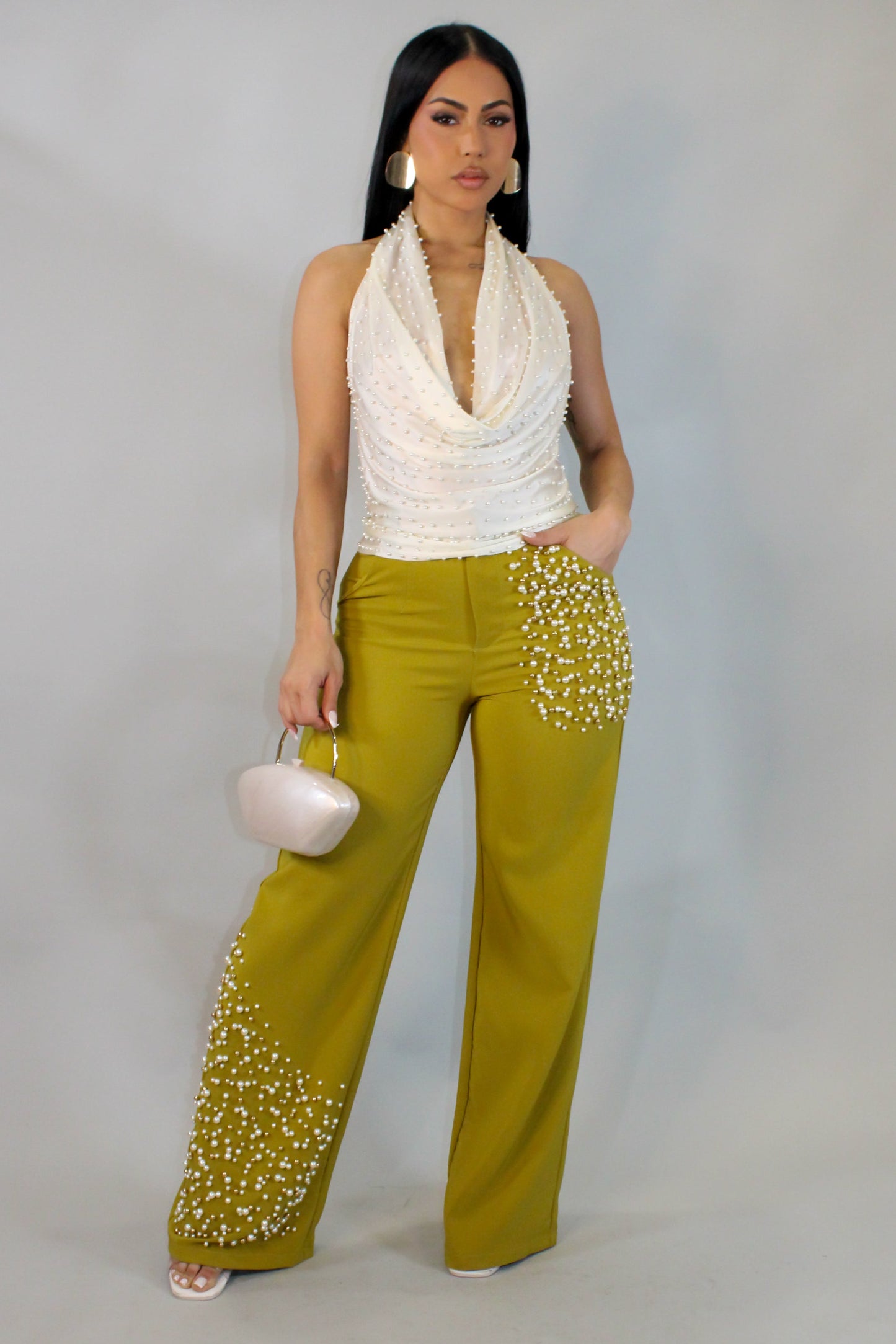 A Touch of Pearls Embroidered Pants- Green