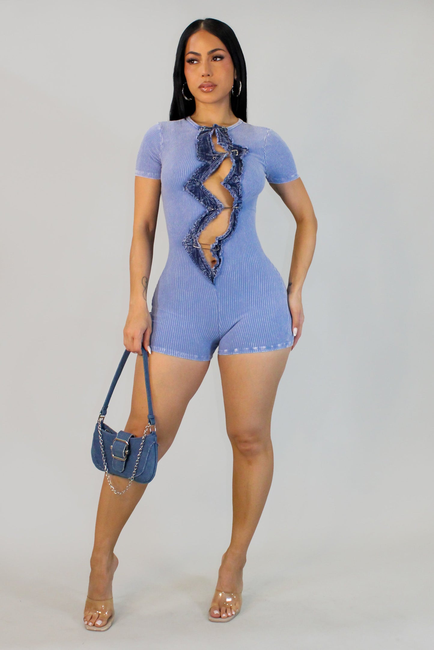 Denim Stitched Ribbed Solid Romper- Blue