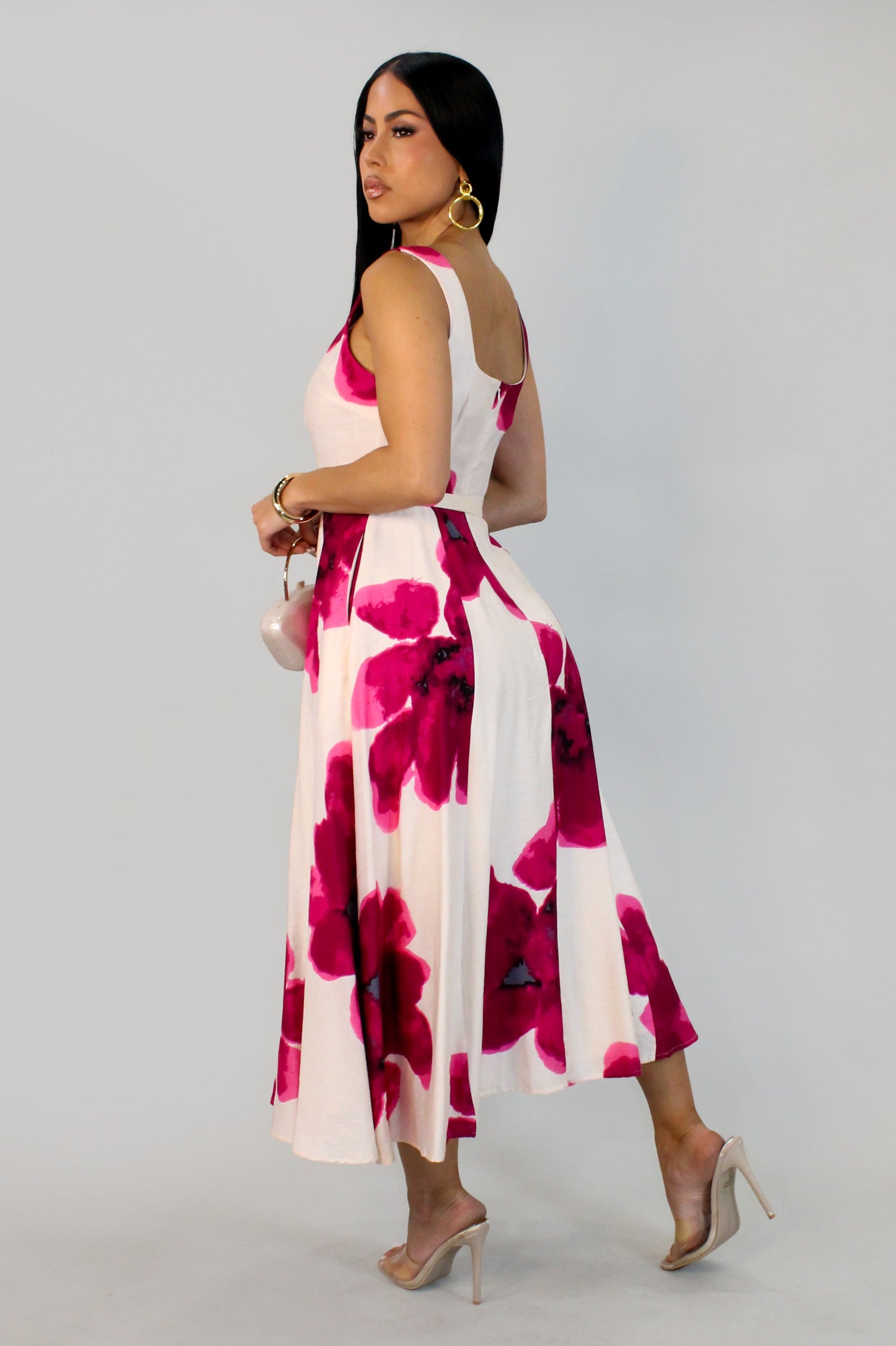 Poland Gardens Belted Dress- Cream/Magenta