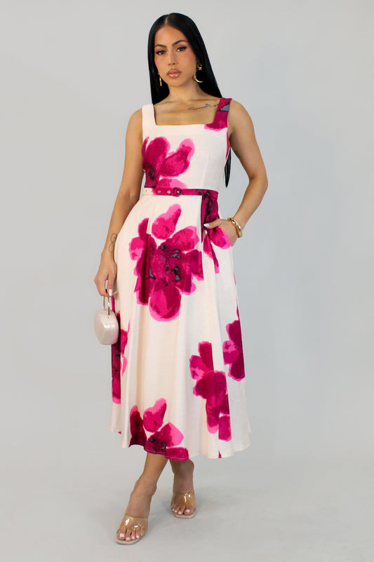 Poland Gardens Belted Dress- Cream/Magenta