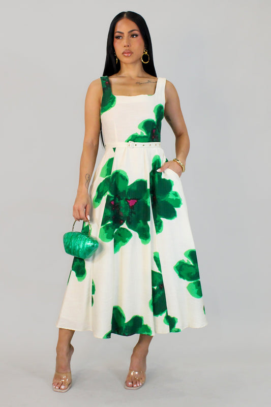 Poland Gardens Belted Dress- Cream/Green