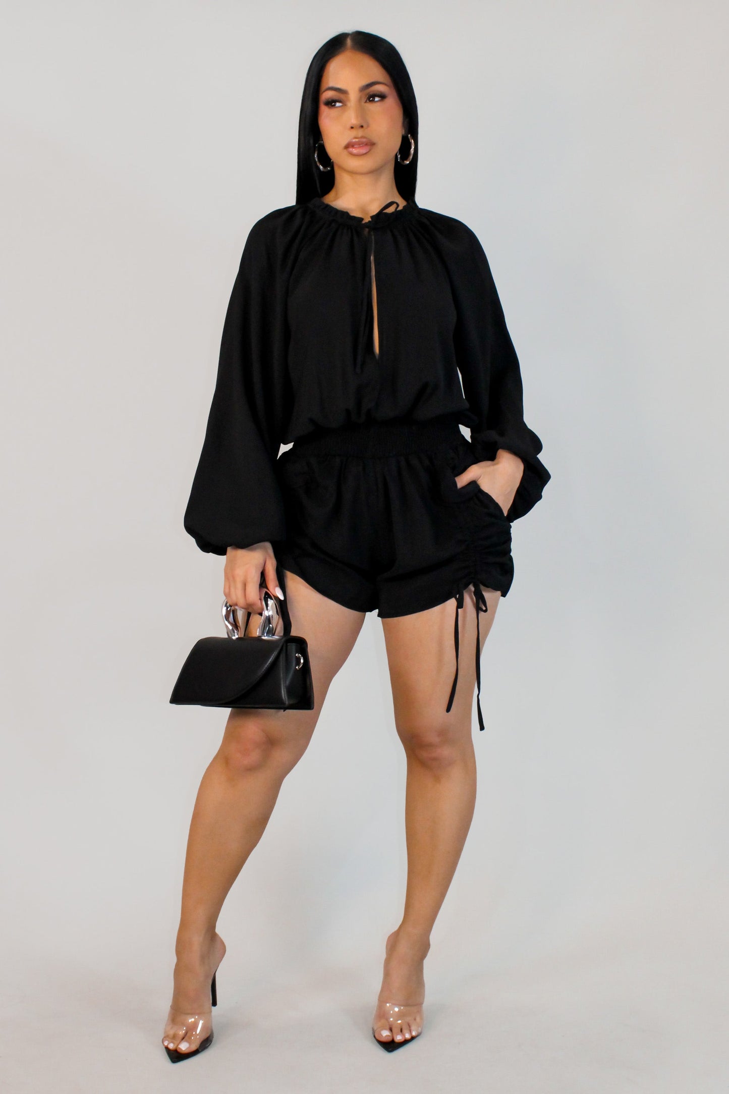 Afternoon Bell Sleeve Romper- Black