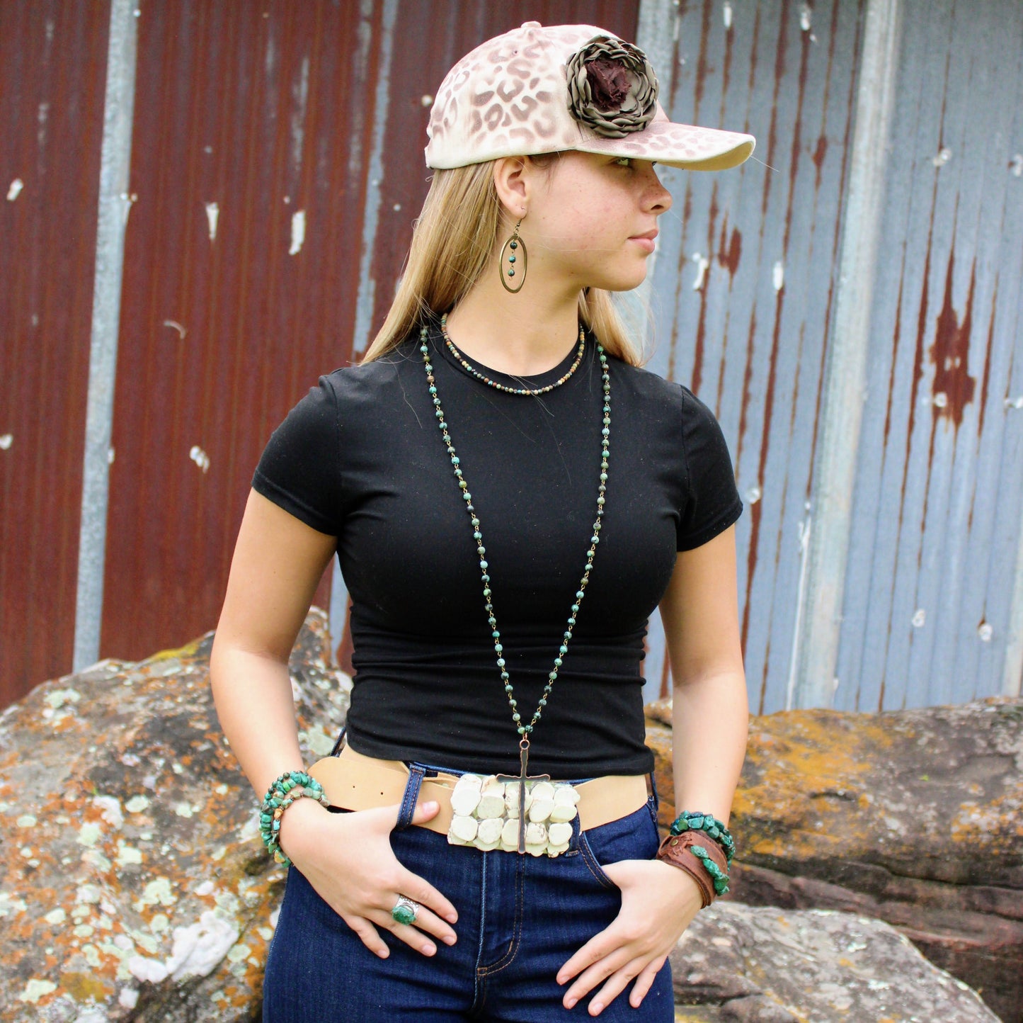 Hand-Painted Leopard Suede Baseball Cap Ivory w/ Flowers 986v