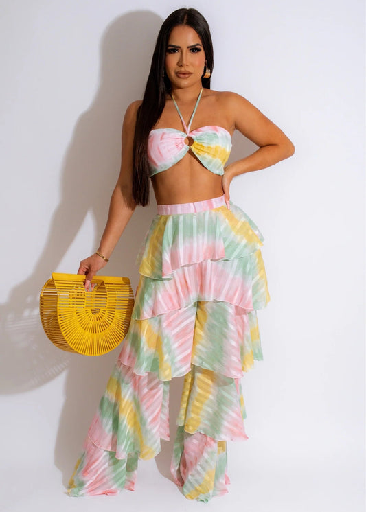 Cotton Candy Ruffled Tiered Pants & Cropped Halter Top Set