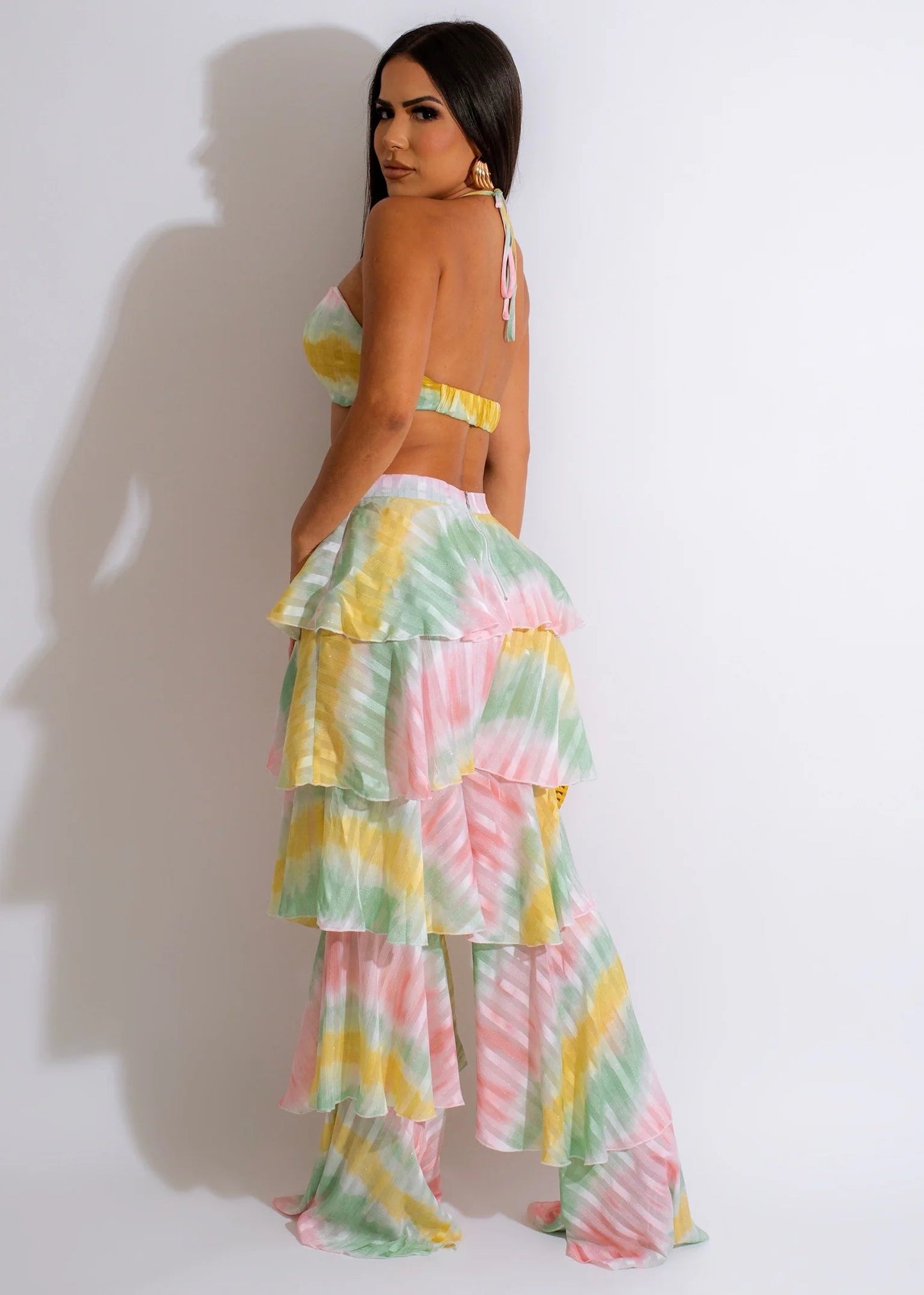 Cotton Candy Ruffled Tiered Pants & Cropped Halter Top Set