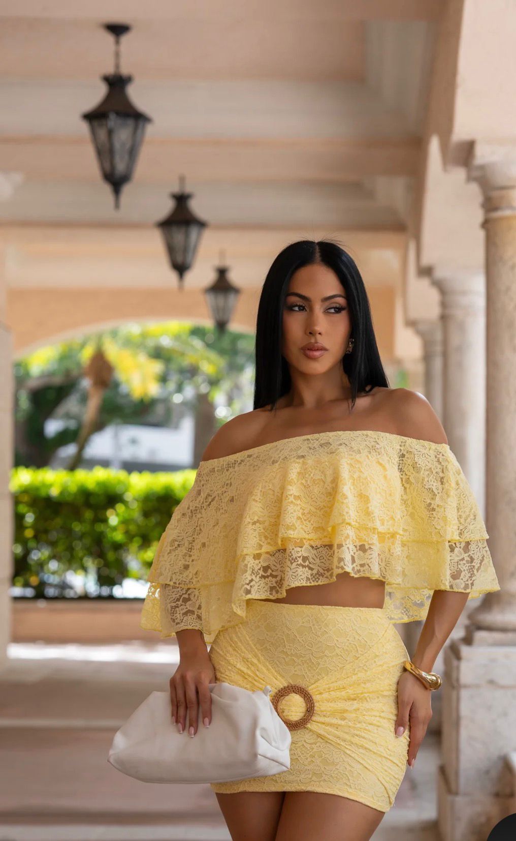 Playful Mirage Lace Skirt Set- Yellow