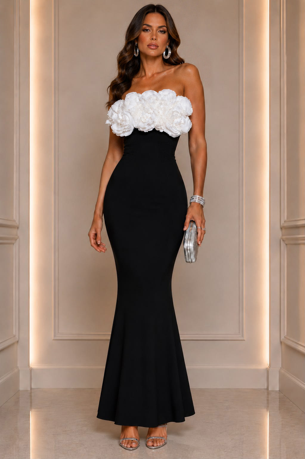 Pure Elegance 3D White Flower Tipped Black Maxi Dress