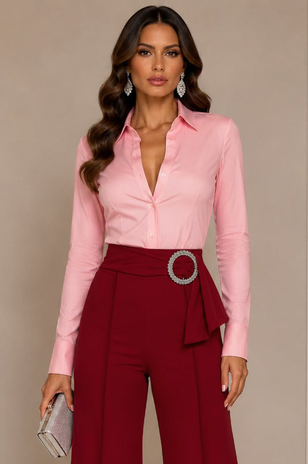 Pink Bodysuit Long Sleeve Blouse