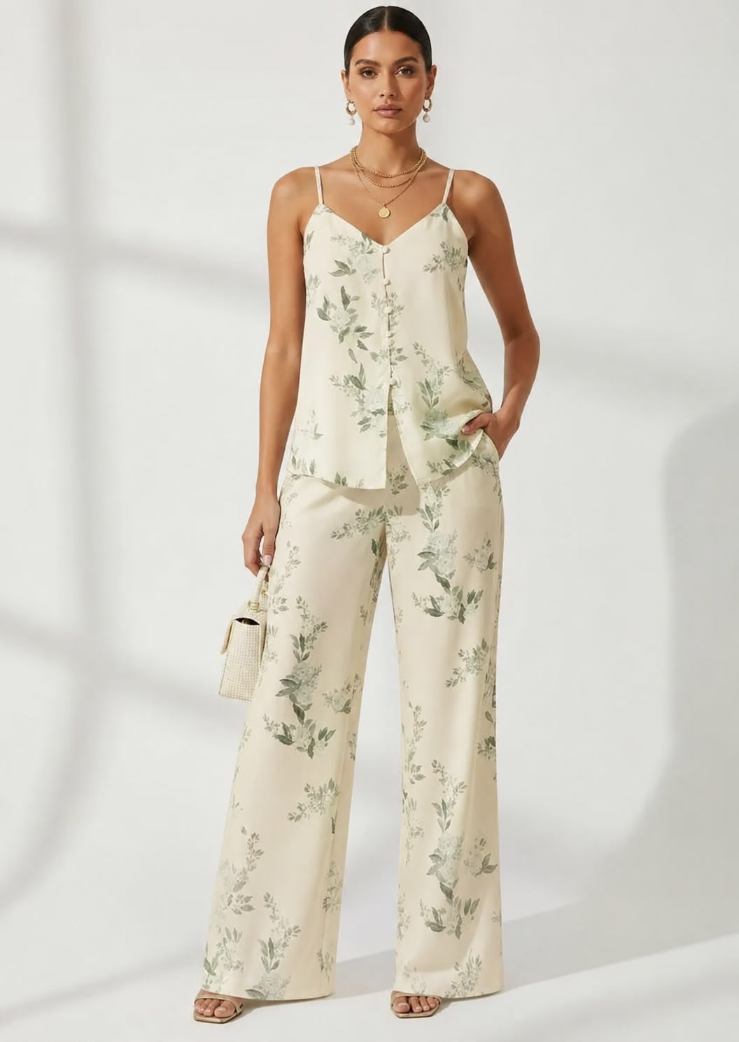 Verona Leaf Pant Set- Ivory/Multi