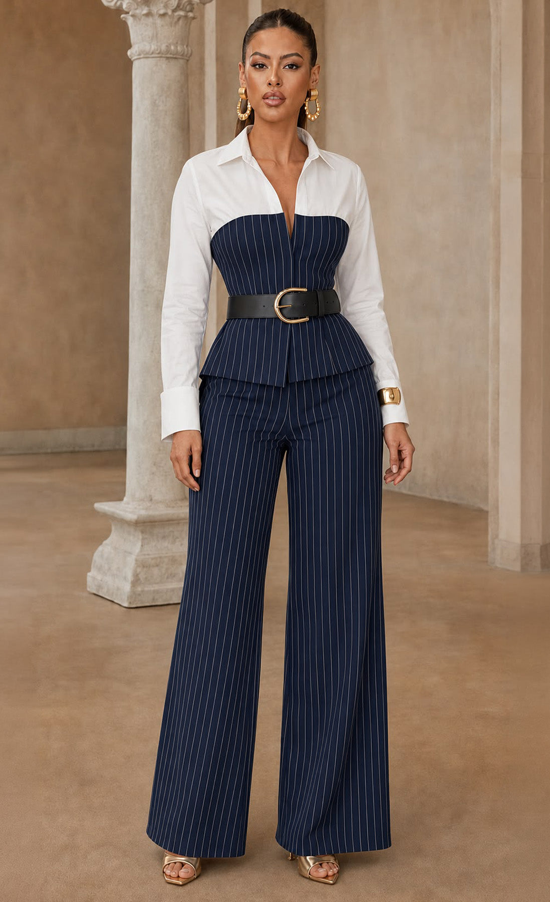 Elegant Striped Pants Set w/ Belt- Navy/White