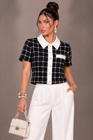 Social Hour Checkerboard Blouse Top- Black