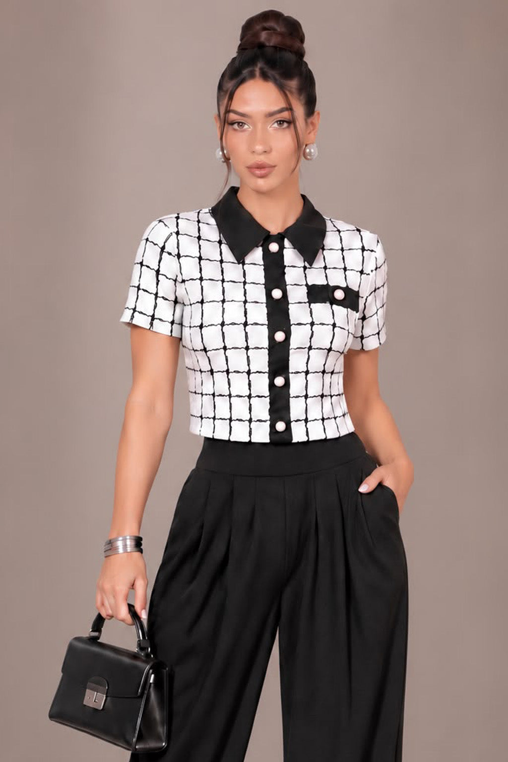 Social Hour Checkerboard Blouse Top- White
