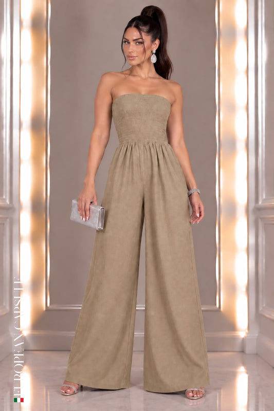 Italian Linen Solid Abbracci Jumpsuit- Beige