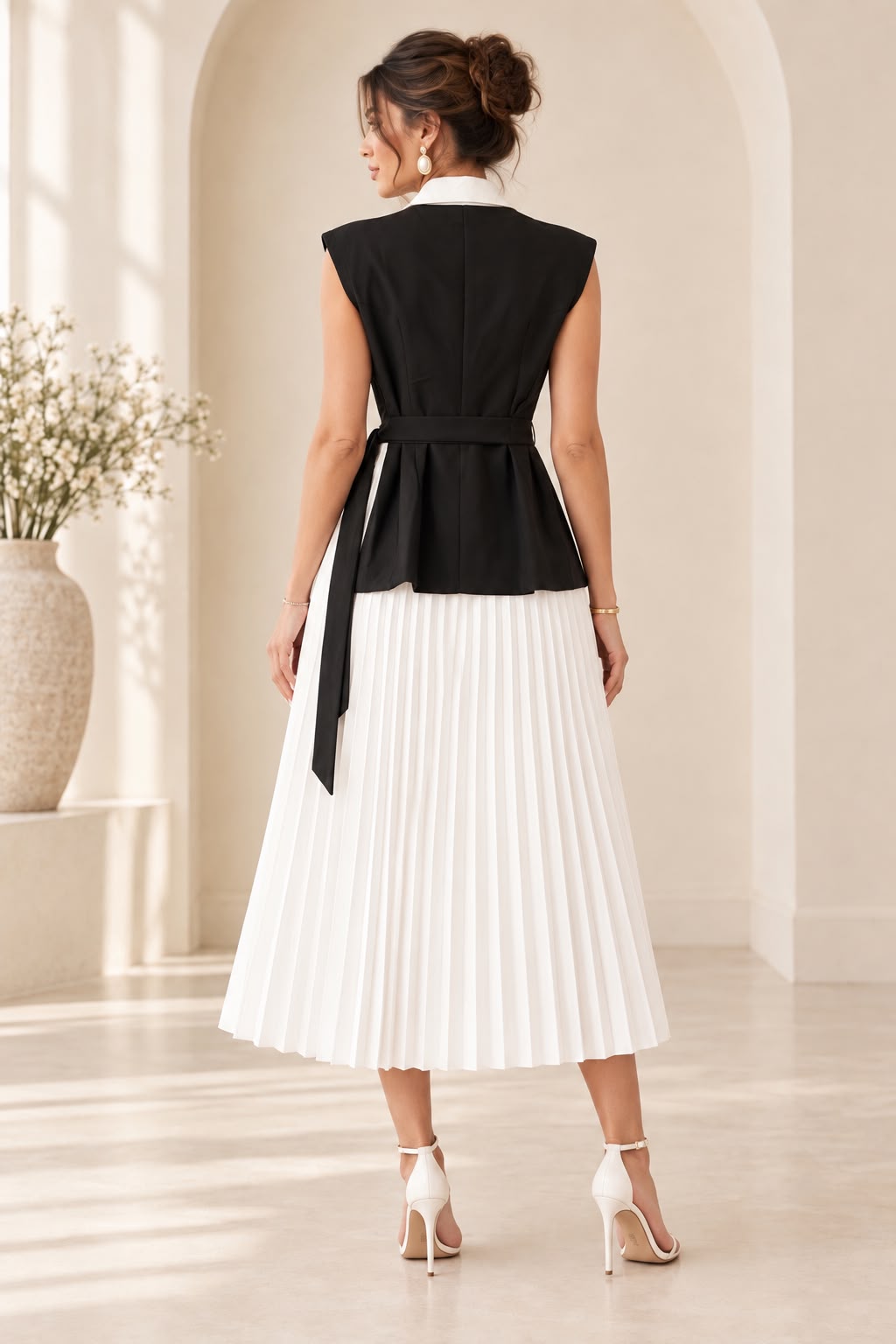 Sleeveless Contrast Suit-Style Midi Dress- Black/White