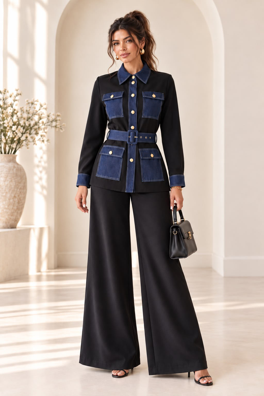 Denim & Black Color Block Pants Set