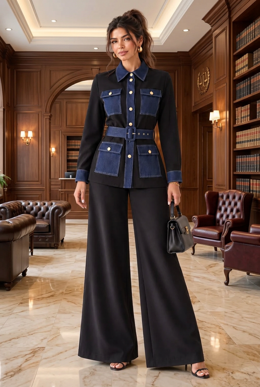 Denim & Black Color Block Pants Set