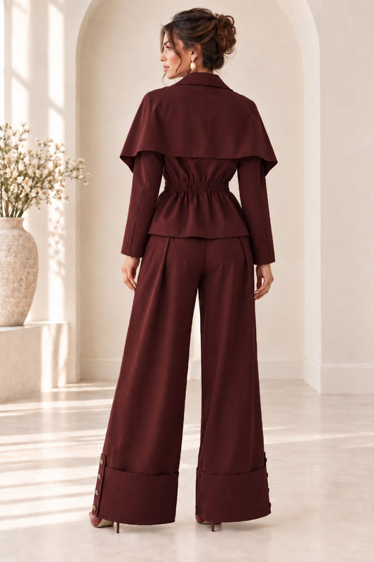 Cape Top & Pants Set- Burgundy