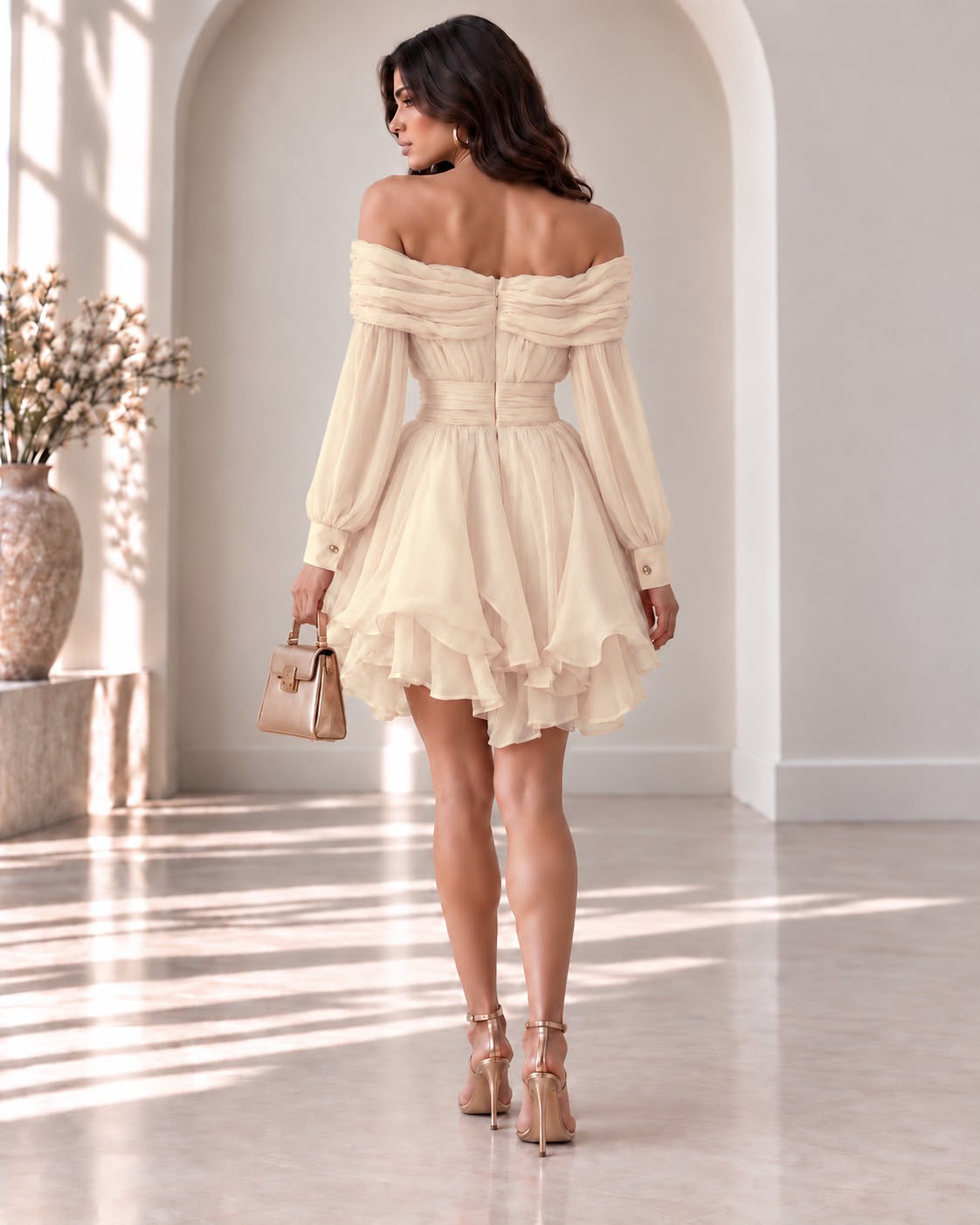 Annia's Shoulder Bow Mini Sway Dress- Cream