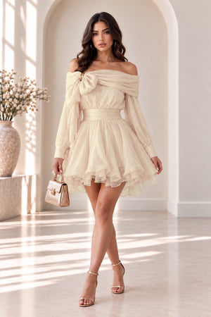 Annia's Shoulder Bow Mini Sway Dress- Cream