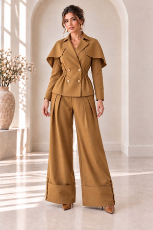 Cape Top & Pants Set- Brown