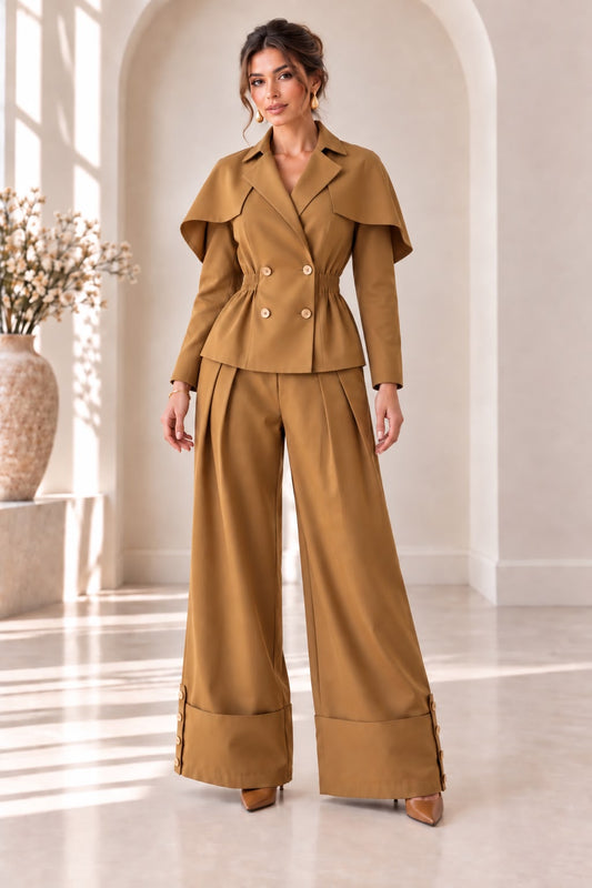 Cape Top & Pants Set- Brown