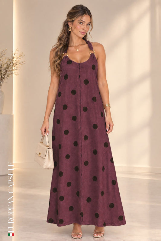 Italian Linen Poka Dot Verona Dress- Burgundy