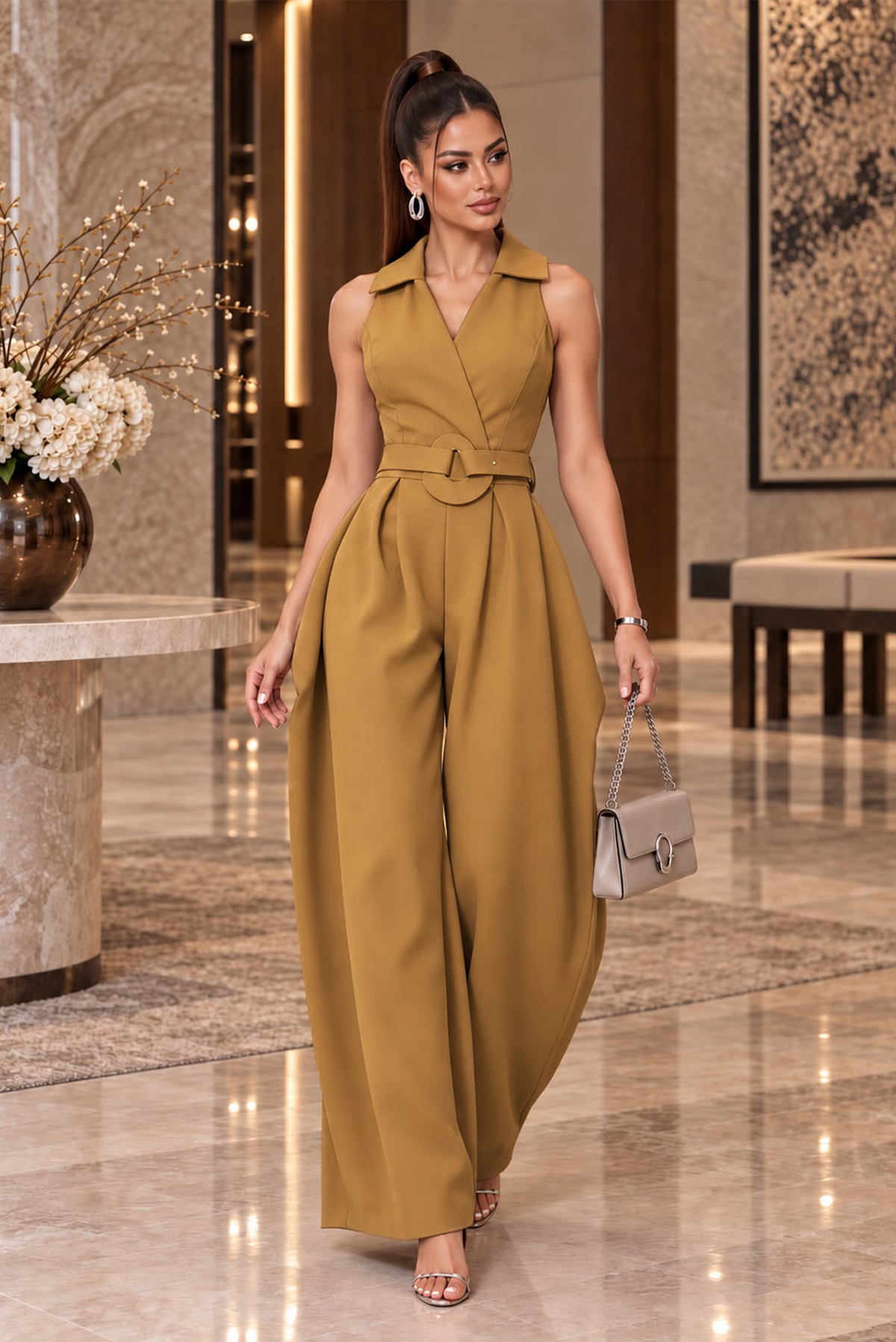 On My Terms Collared Jumpsuit-Khaki