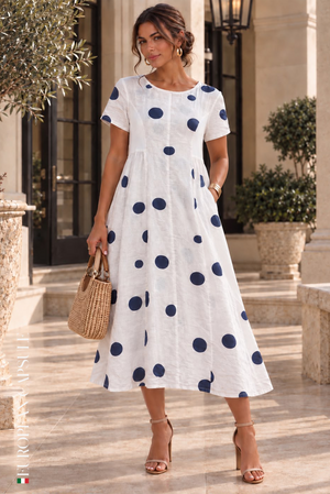 Italian Linen Ravello Dress- Blue Polka Dot/White