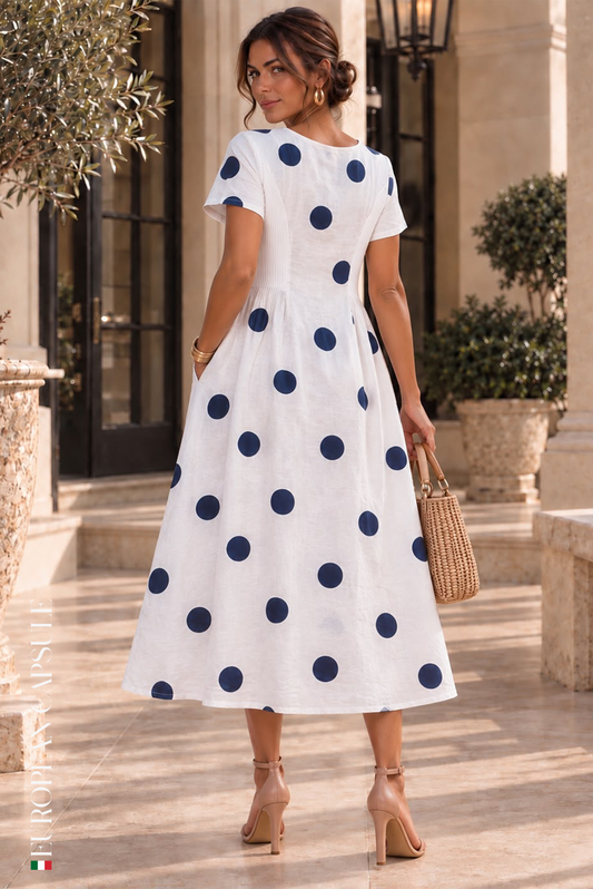 Italian Linen Ravello Dress- Blue Polka Dot/White