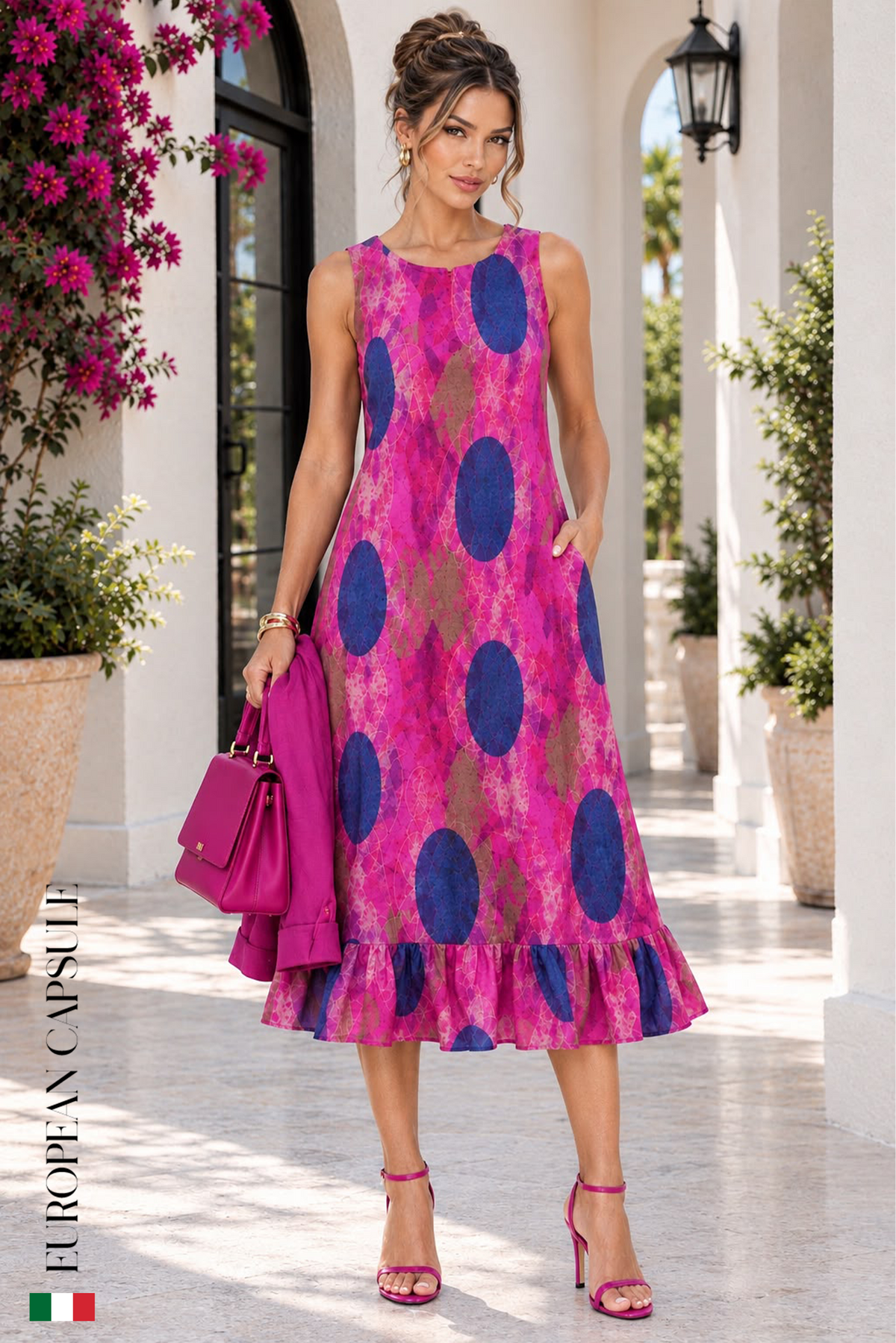 Italian Linen Ferrara Dress w/ Jacket Set- Fuchsia