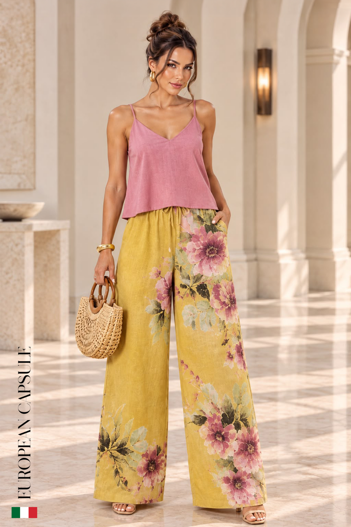 Italian Linen Subiaco Pants- Yellow/Floral