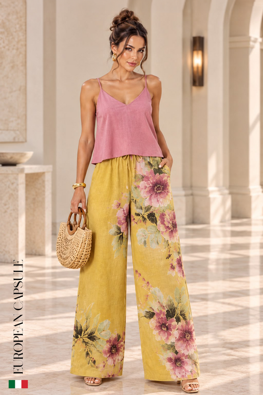 Italian Linen Subiaco Pants- Yellow/Floral