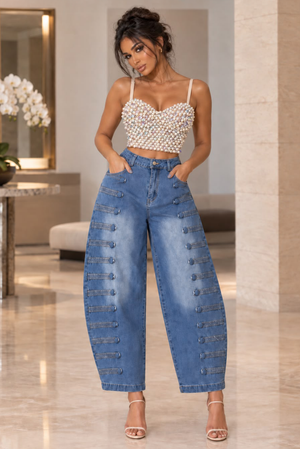 Military Button Designed Ankle Denim Pants