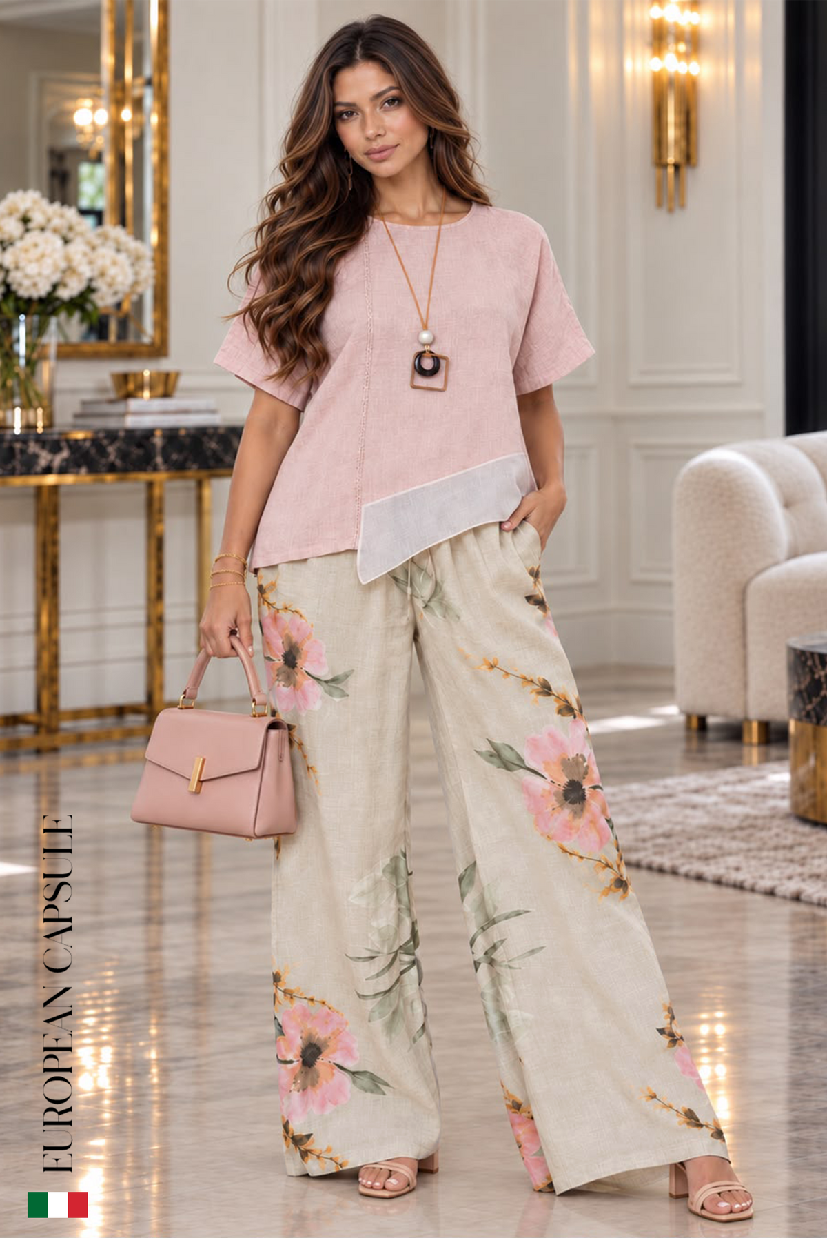 Italian Linen Ancona Pants- Cream/Pink Floral