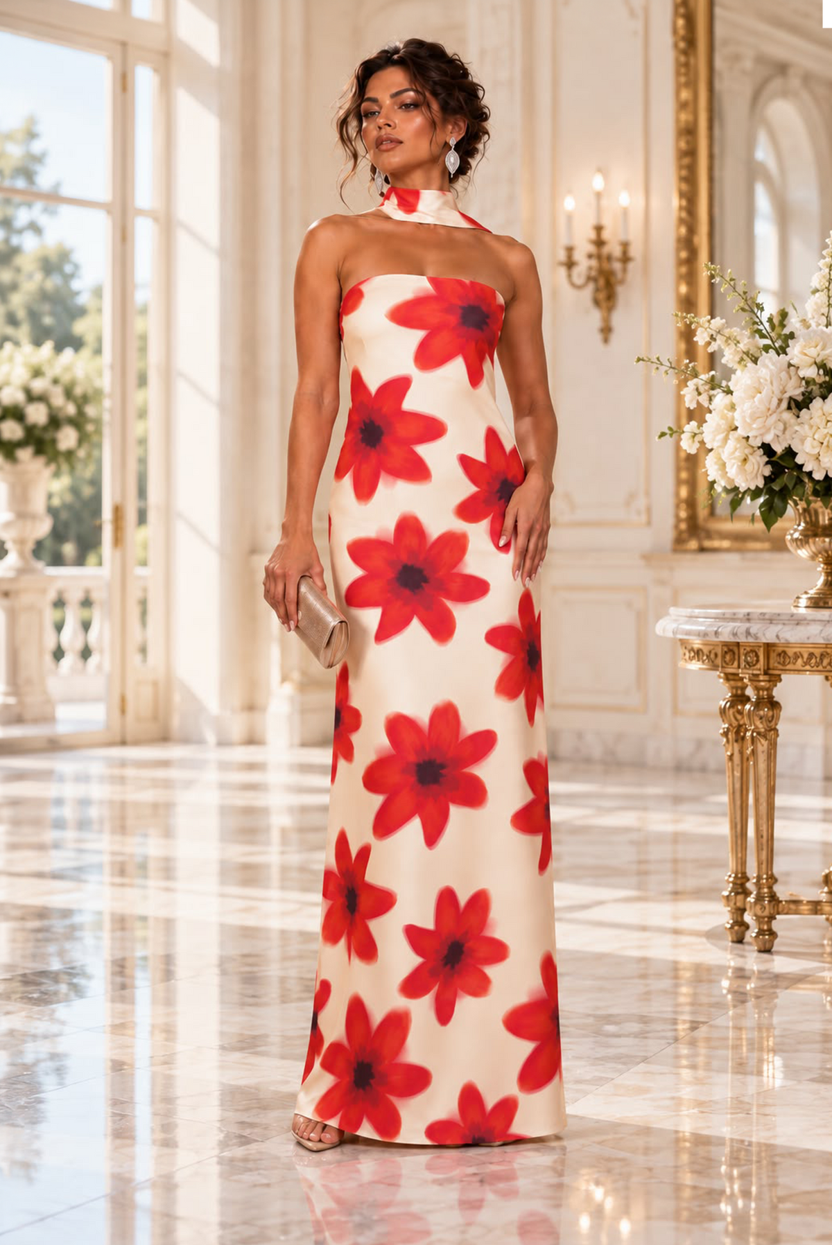 Envision Red Floral Maxi Dress w/ Neck Scarf
