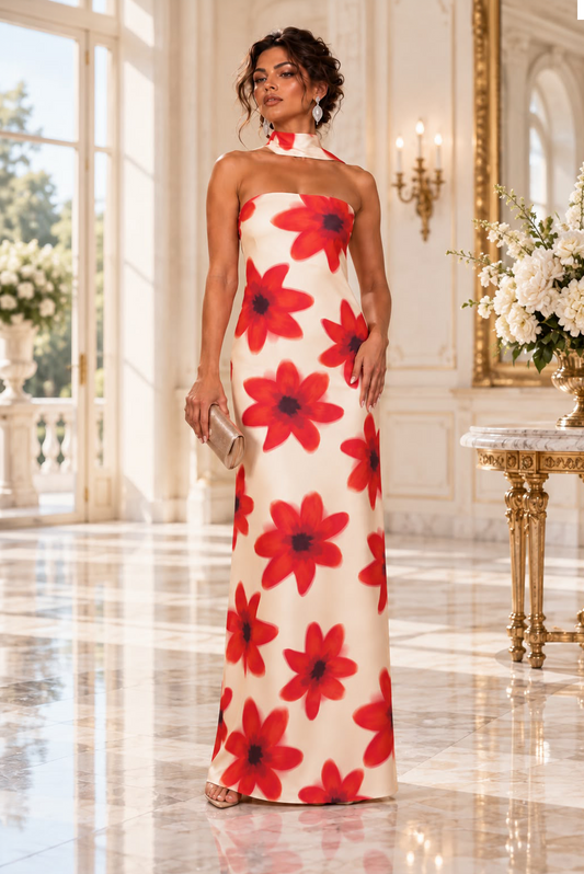 Envision Red Floral Maxi Dress w/ Neck Scarf