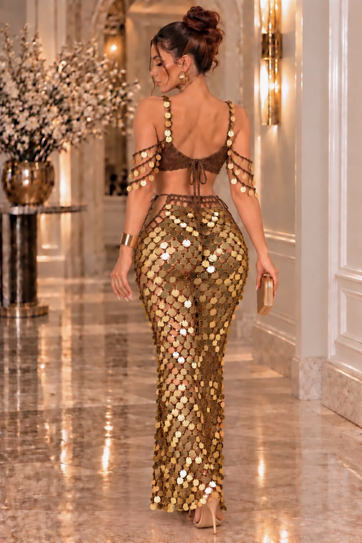 Tulum Morning Sequin Resort Skirt Set- Brown/Gold