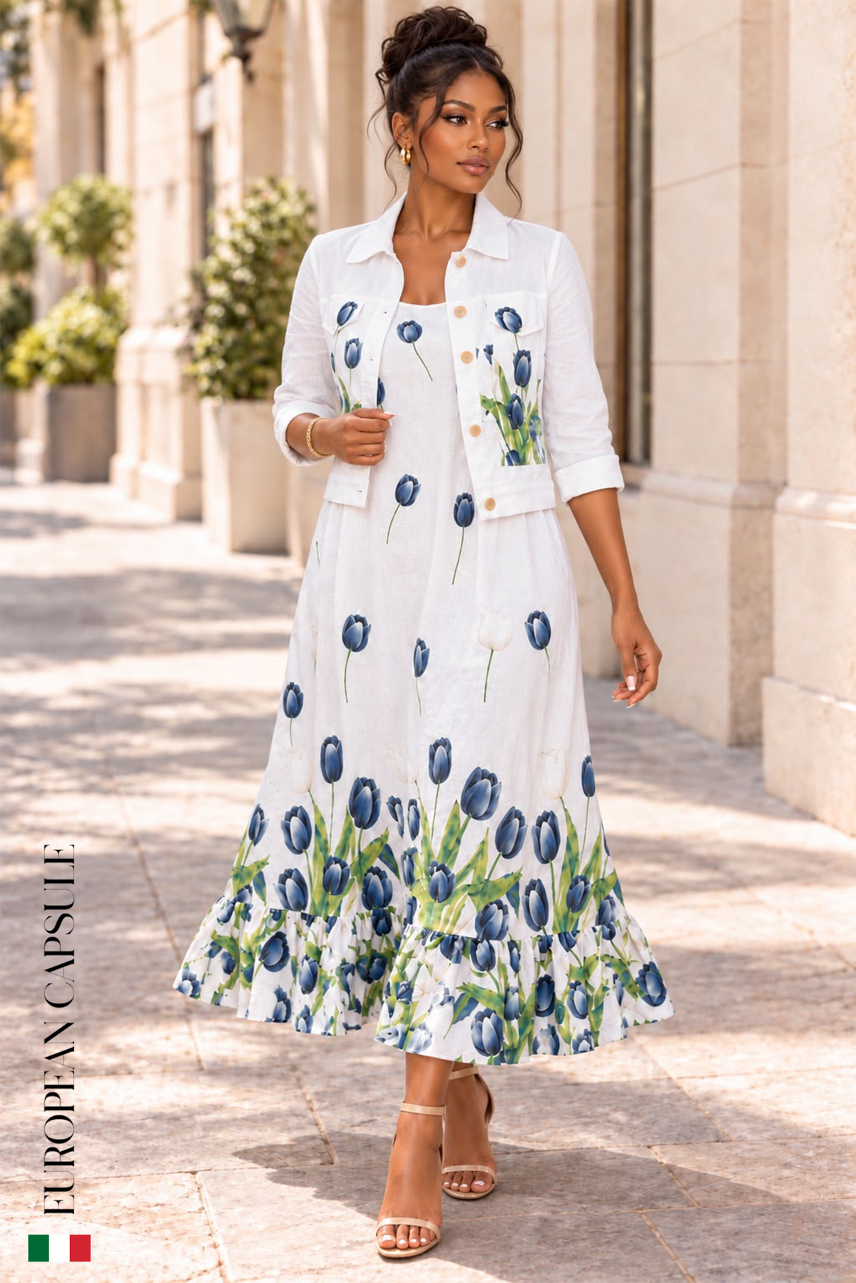 Italian Linen Dolce Incanto White Tulip Maxi Dress w/ Jacket