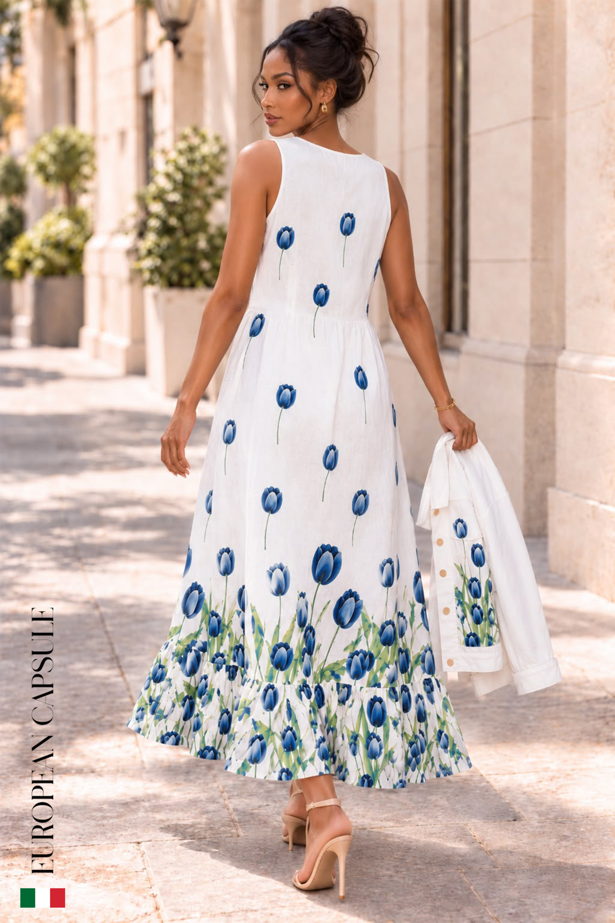 Italian Linen Dolce Incanto White Tulip Maxi Dress w/ Jacket