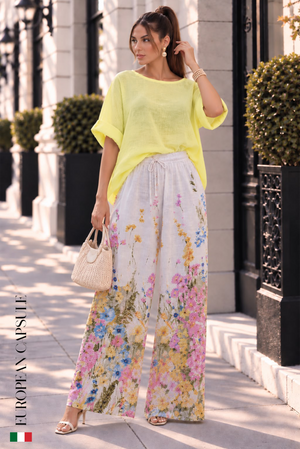 Italian Linen Petali Di Luna Pants- White/Floral