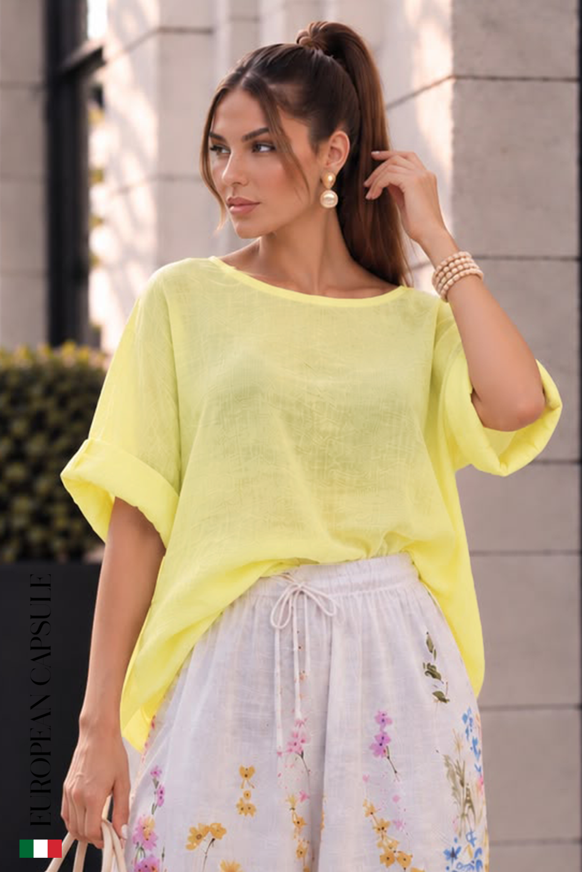 Italian Linen Fiore Di Luce Top- Yellow