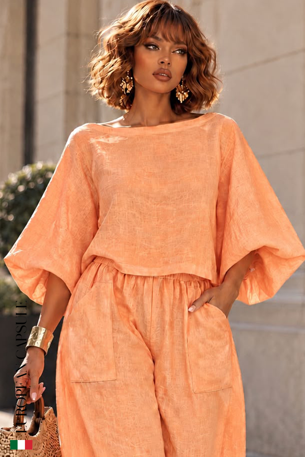 Italian Linen Fiore Di Cipria Top- Orange