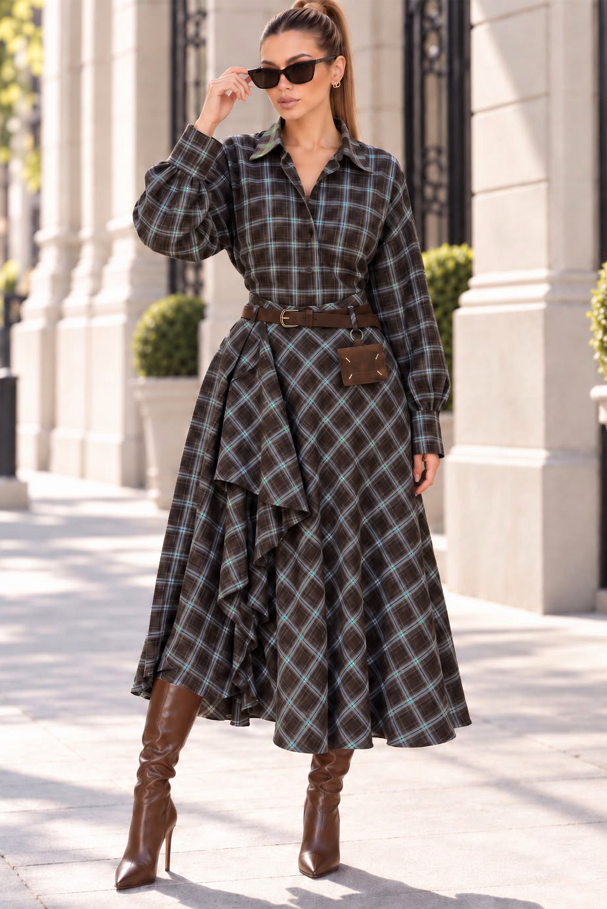 Plaid Print Skirt & Top Set- Blue/Brown