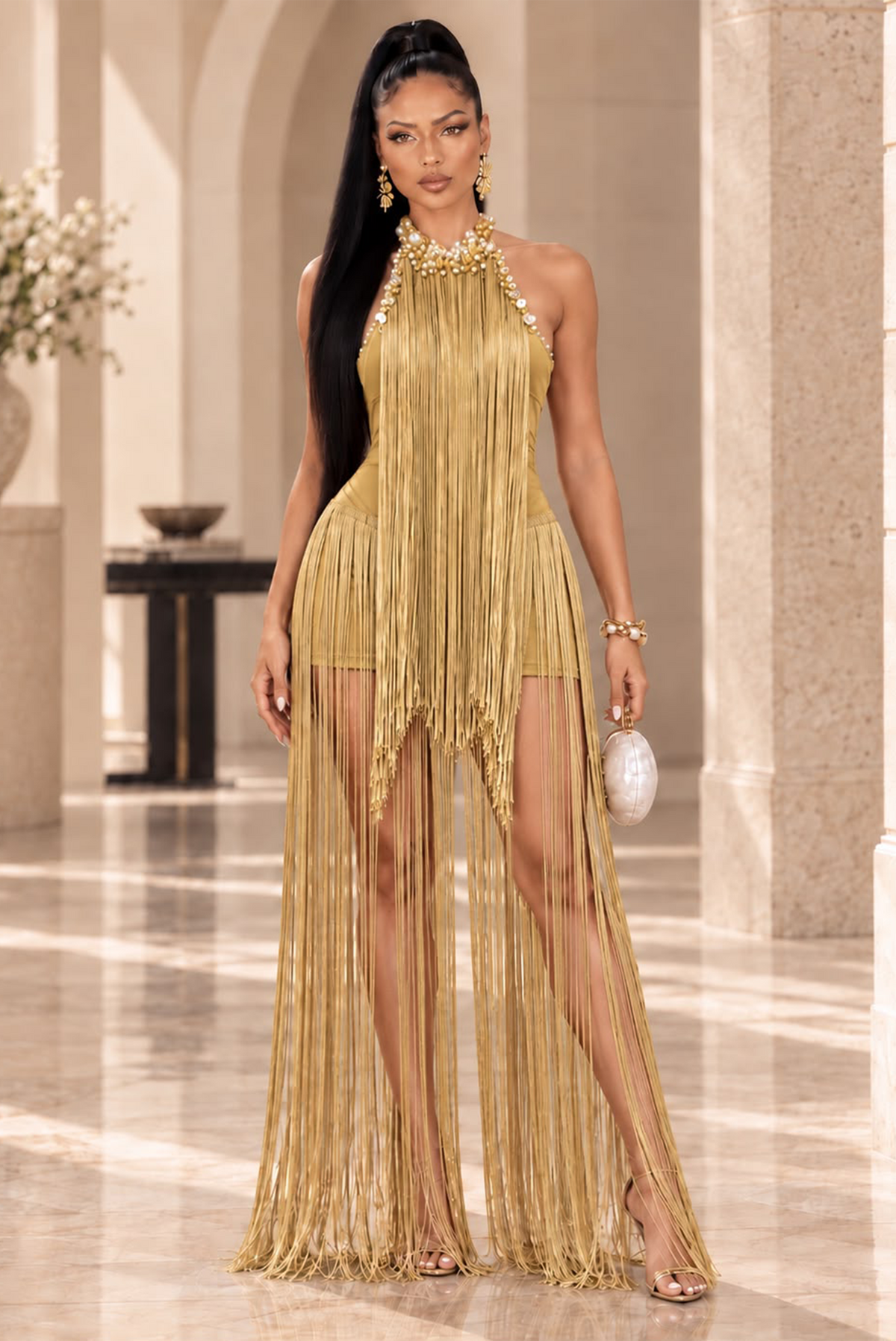 Beaded Halter Fringe Maxi Dress- Yellow