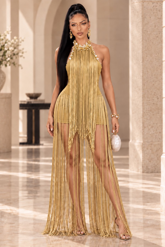 Beaded Halter Fringe Maxi Dress- Yellow