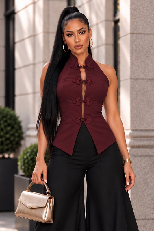 Flower Petal Sleeveless Vest Top- Burgundy
