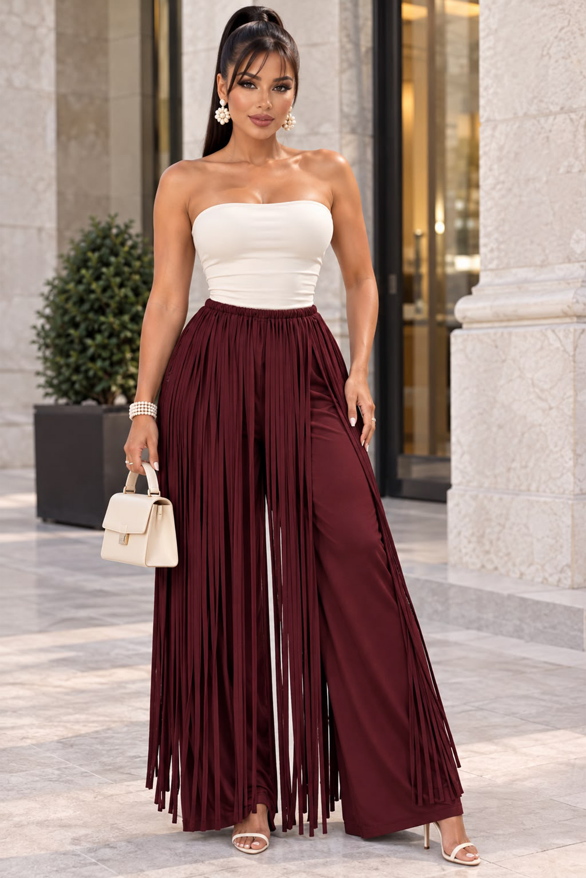 Burgundy Trousers With Fringe Detail