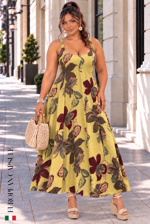 Italian Linen Giardino Di Amore Dress- Yellow/Floral